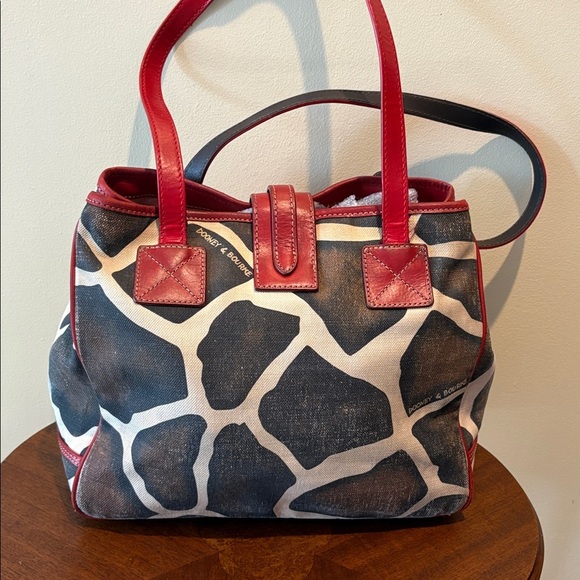 Dooney Bourke giraffe pattern shoulder bag tote red leather trim side tops EUC - Picture 8 of 17